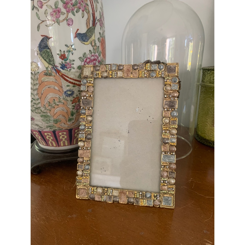 Gold Mosaic Enamel Rhinestone Faux Pearl 4x6 Picture Frame Art Deco Style